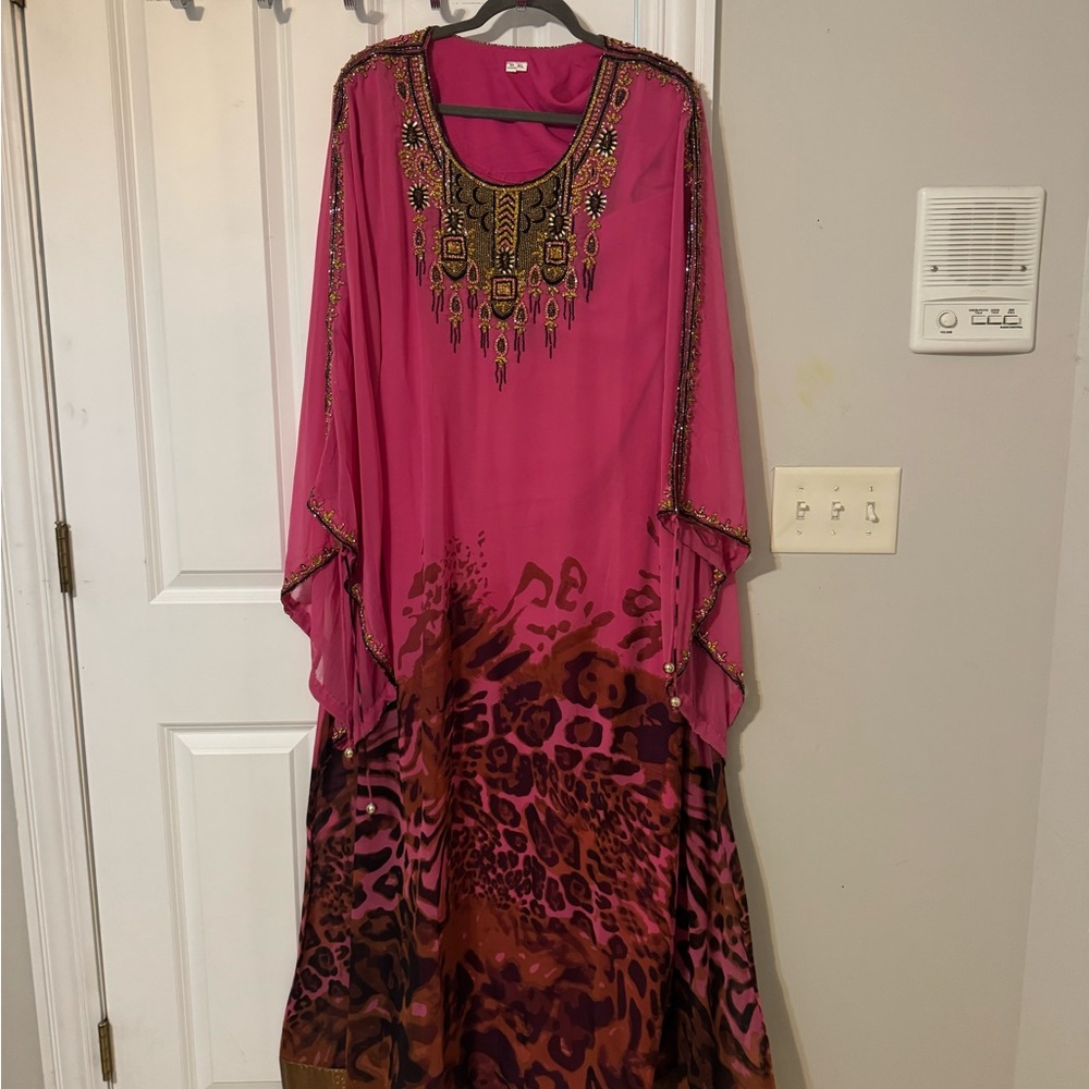 Pink and Brown Embellished beaded Kaftan Dress